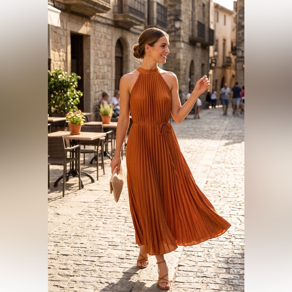 Elegant Orange Pleated Dress